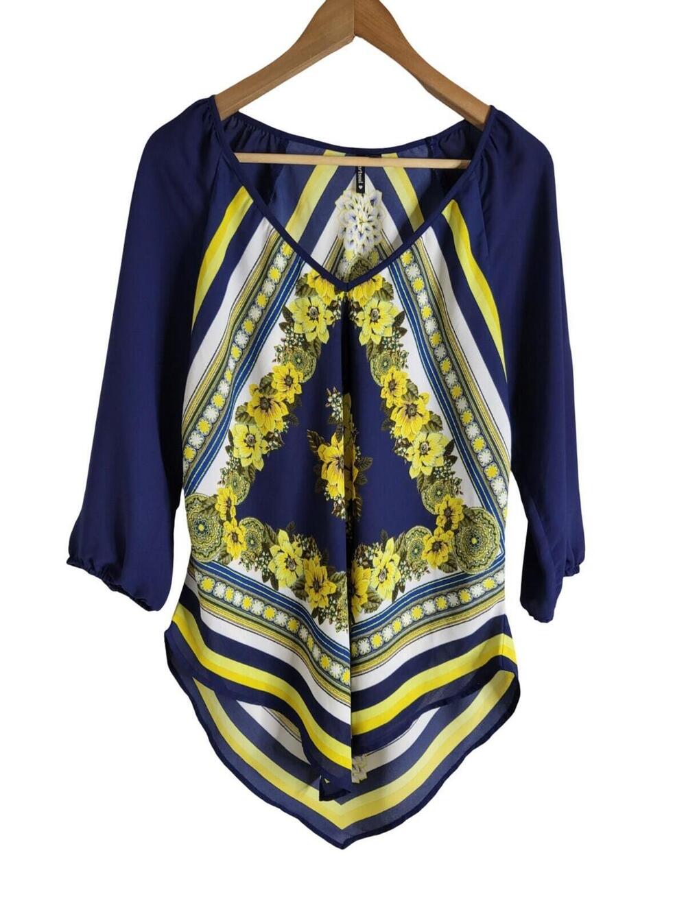Heartsoul Floral Navy Yellow Blouse Foulard Inspired 3/4 Sleeves Handkerchief XL